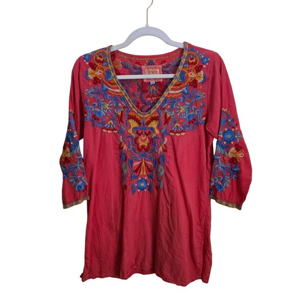 Johnny Was Deep Coral Embroidered V-neck 3/4 Sleeve Tunic Top Size S - Picture 2 of 9